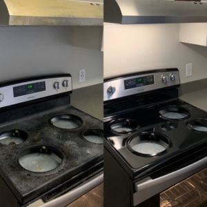 Before and after comparison of a dirty and sparkling clean stove, showcasing house cleaning results by Comstock Cleaning LLC in Reno, NV