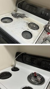 Before and after comparison of a dirty and then sparkling clean stove top by Gem City Commercial and Residential Cleaning in Dayton, OH