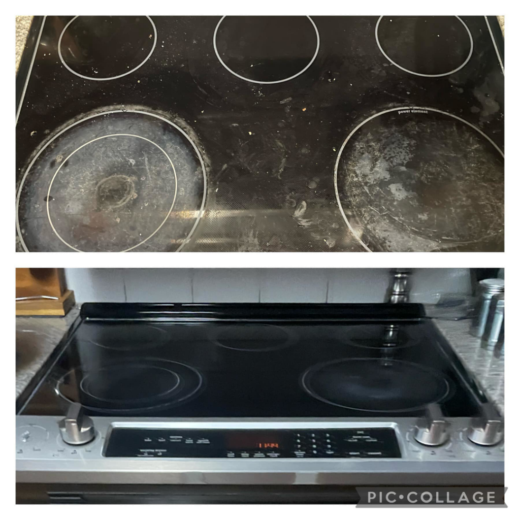 A before and after comparison showing a dirty stovetop cleaned to perfection by Anchor Down Cleaning Co in Concord, NC