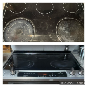 A before and after comparison showing a dirty stovetop cleaned to perfection by Anchor Down Cleaning Co in Concord, NC