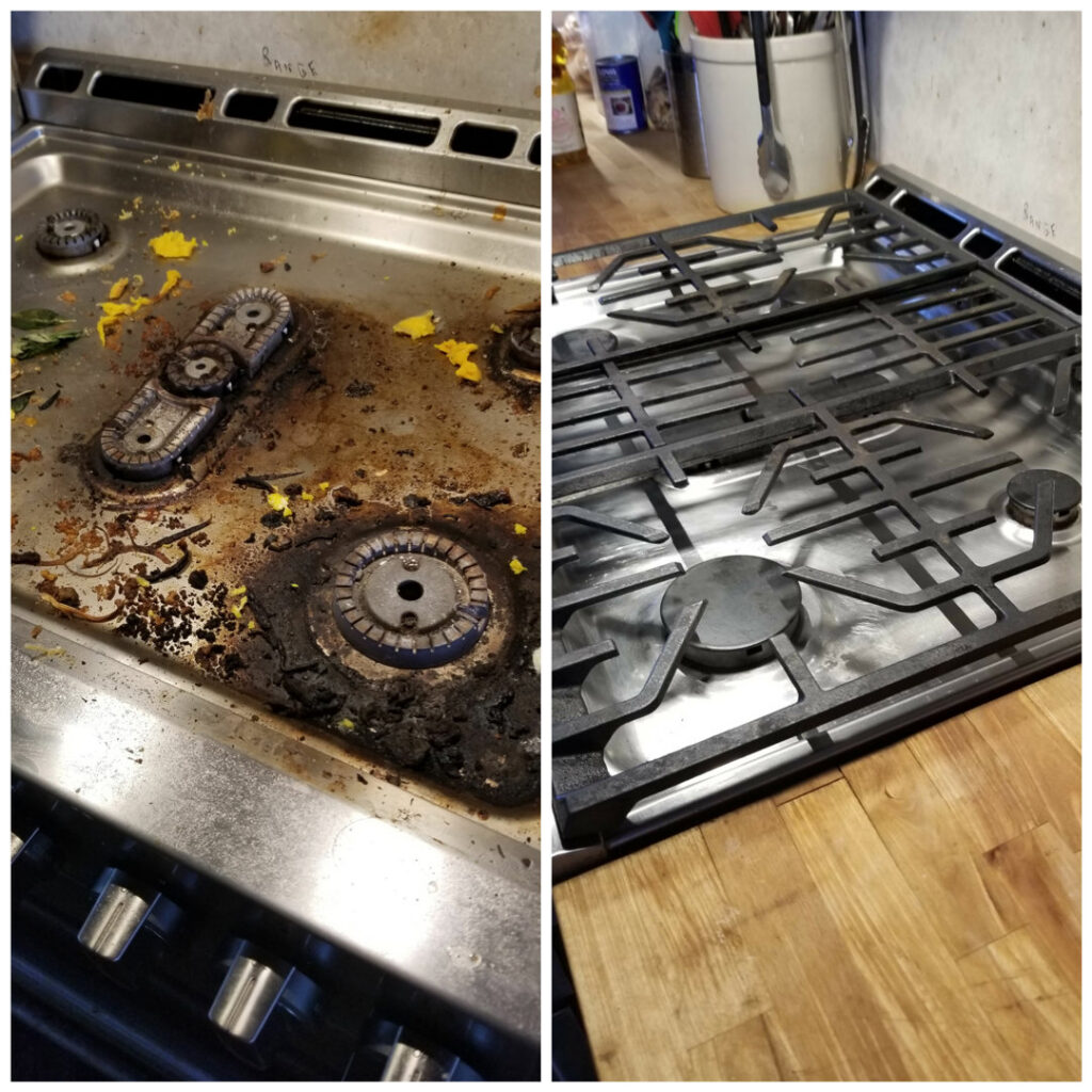 Before and after comparison of a very dirty stovetop made clean and shiny by Home In Hand Cleaning Service in Concord, NH.