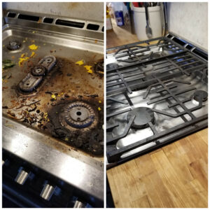 Before and after comparison of a very dirty stovetop made clean and shiny by Home In Hand Cleaning Service in Concord, NH.