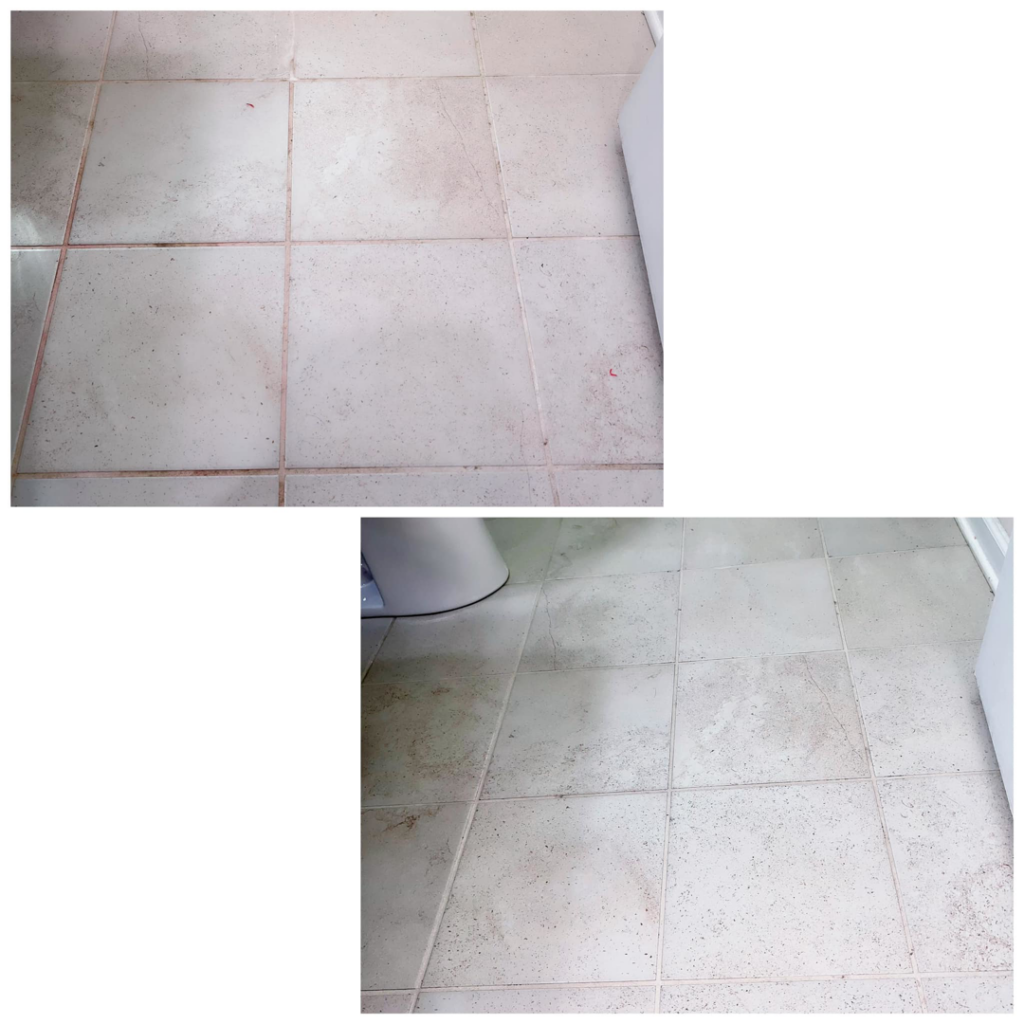 A before and after comparison showing a dirty tiled floor transformed into a clean one by Royal Madam Cleaning LLC in Charlotte, NC.