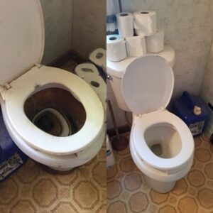 Before and after comparison of a dirty toilet transformed into a sparkling clean one by Home In Hand Cleaning Service in Concord, NH.