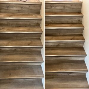 Before and after comparison of dirty and then thoroughly cleaned wooden stairs by Cleaning Quality in Sturgis, SD