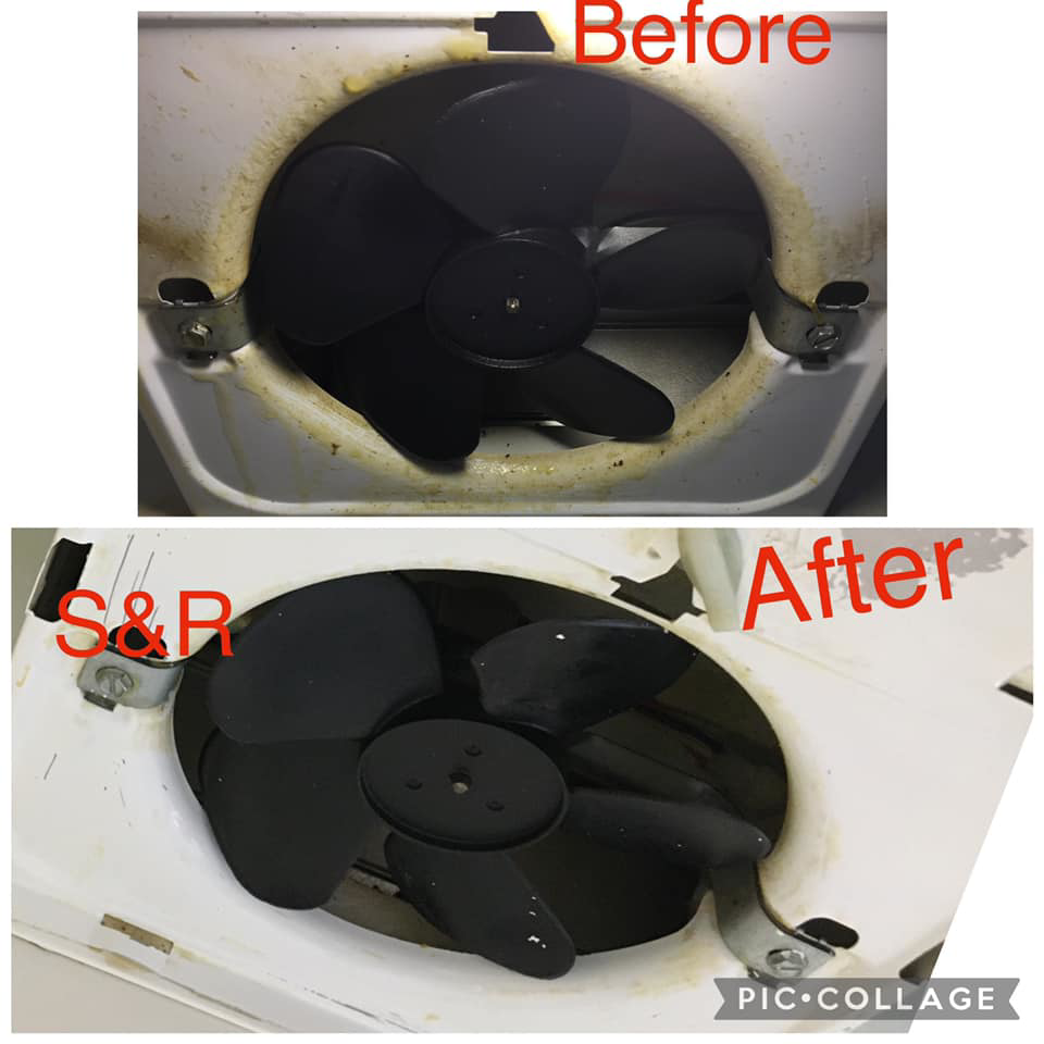 Before and after comparison of a dirty fan, showcasing cleaning results by S&R Services LLC in Anchorage, AK.