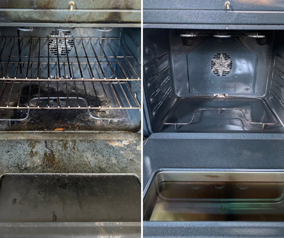 Before and after comparison of a very dirty oven interior, showcasing professional deep cleaning by Everest Cleaning LLC in East Peoria, IL