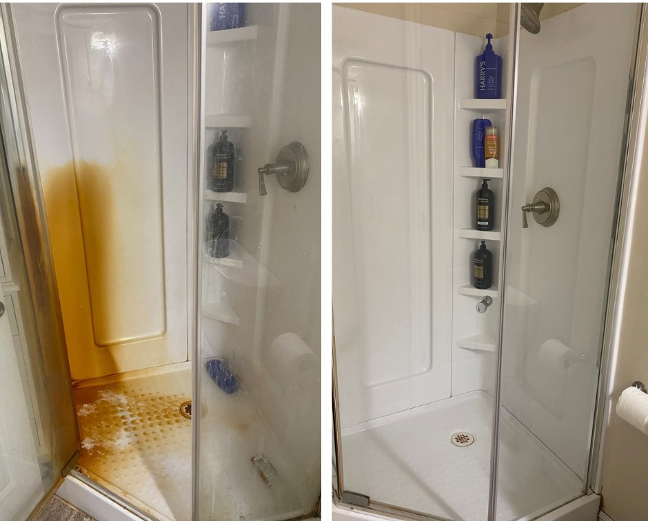 Before and after comparison of a shower, showing a dirty shower transformed into a sparkling clean one by Everest Cleaning LLC in East Peoria, IL
