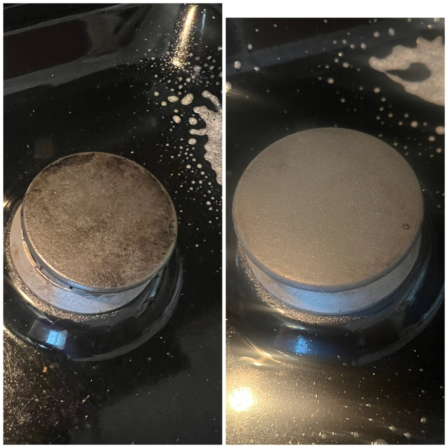 Before and after comparison of a dirty stove burner professionally cleaned by Our Clean Dream in Cedar Rapids, IA.