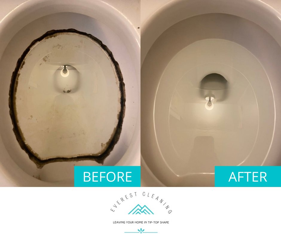 Before and after comparison of a very dirty toilet bowl, showcasing professional deep cleaning by Everest Cleaning LLC in East Peoria, IL