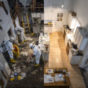 Before and after view of a kitchen undergoing extensive disaster restoration by Island Emergency Disaster Restoration in Farmingdale, NY.
