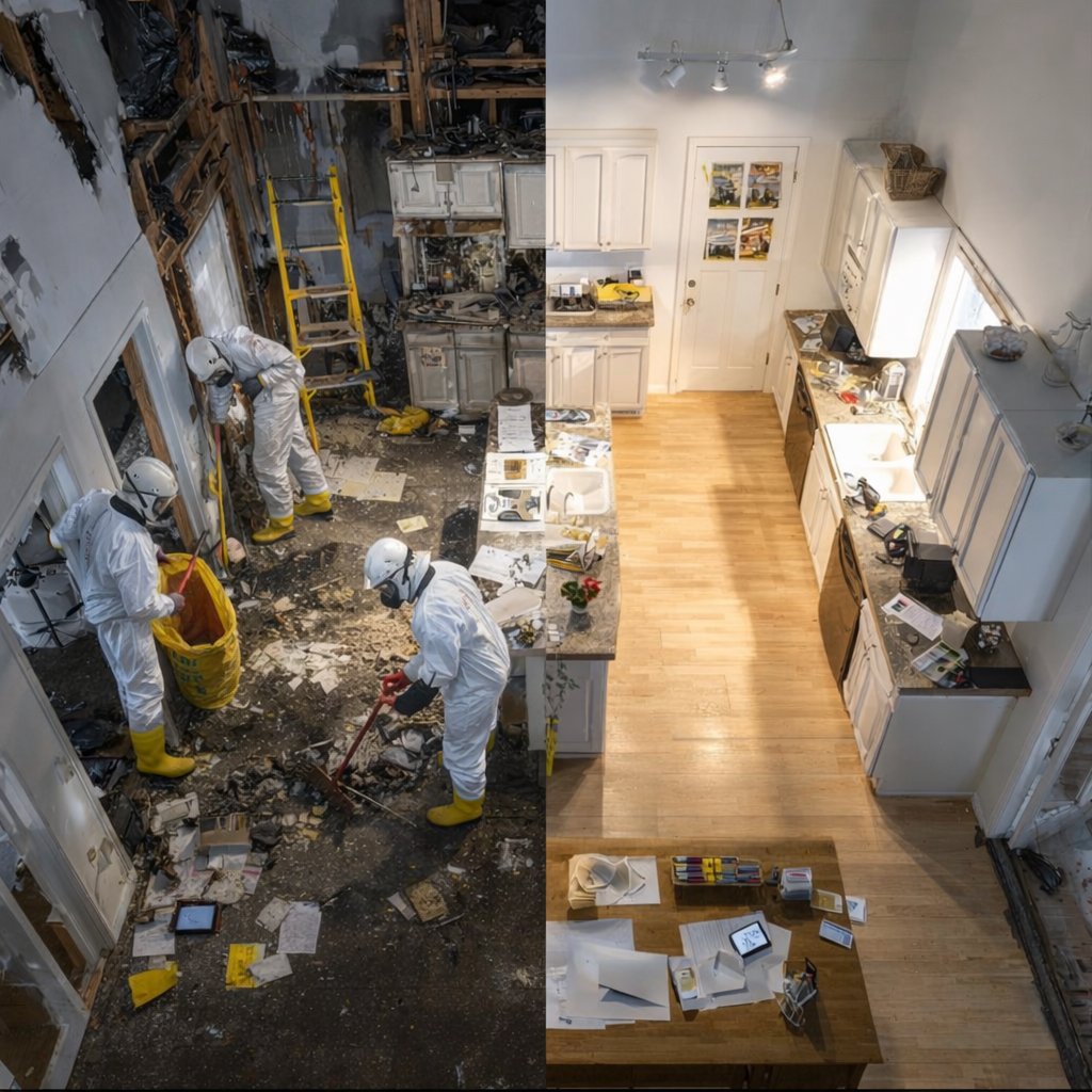 Before and after view of a kitchen undergoing extensive disaster restoration by Island Emergency Disaster Restoration in Farmingdale, NY.