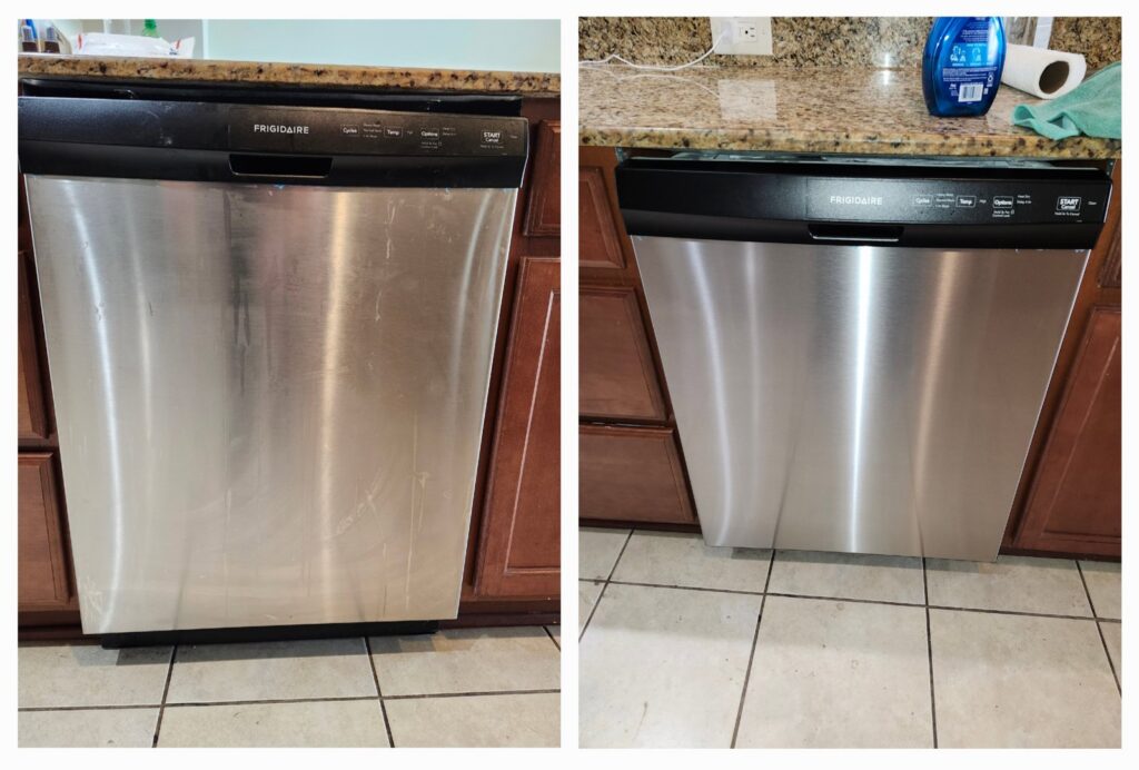 Before and after comparison of a stainless steel dishwasher, demonstrating cleaning services by Perfectly Polished by Paige in Raleigh, NC.