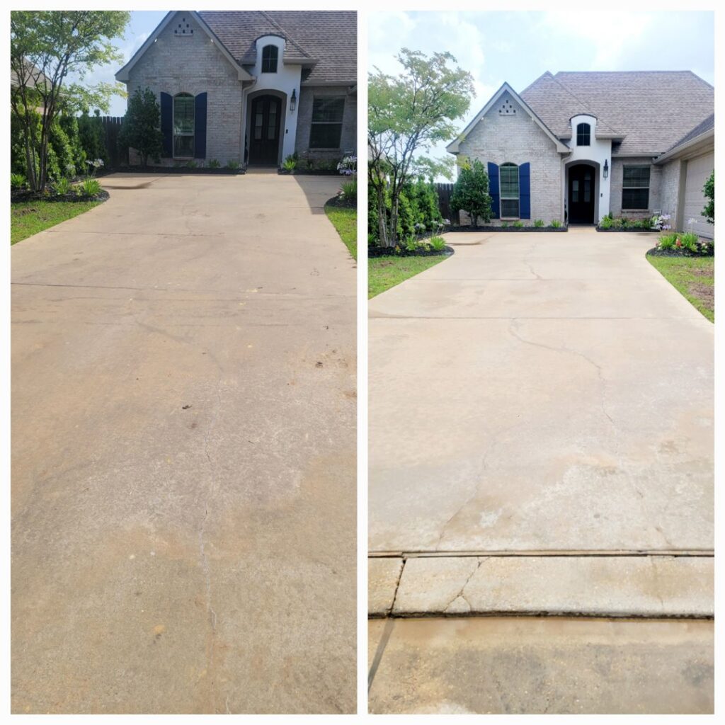 Before and after comparison of a residential driveway cleaned by Top2Bottom Pressure Washing & Exterior Cleaning in Alexandria, LA.