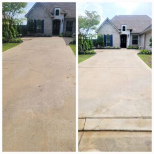 Before and after comparison of a residential driveway cleaned by Top2Bottom Pressure Washing & Exterior Cleaning in Alexandria, LA.