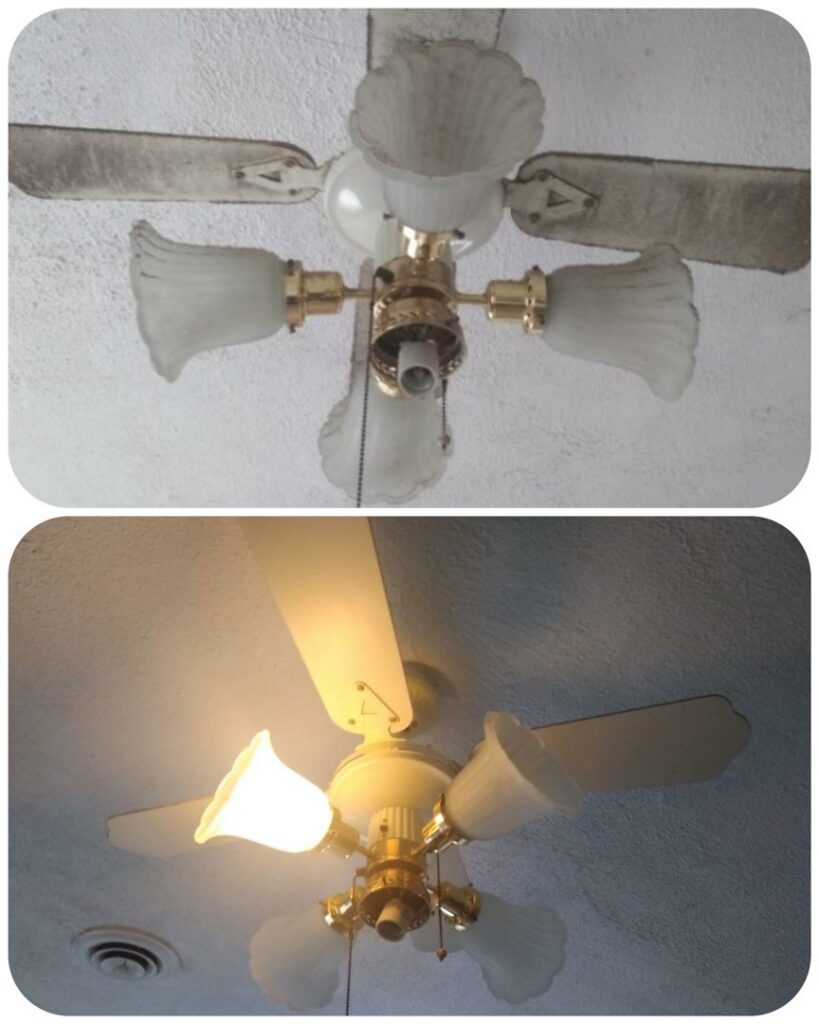 Before and after comparison of a dusty ceiling fan cleaned by Northern States Cleaning in Duluth, MN.