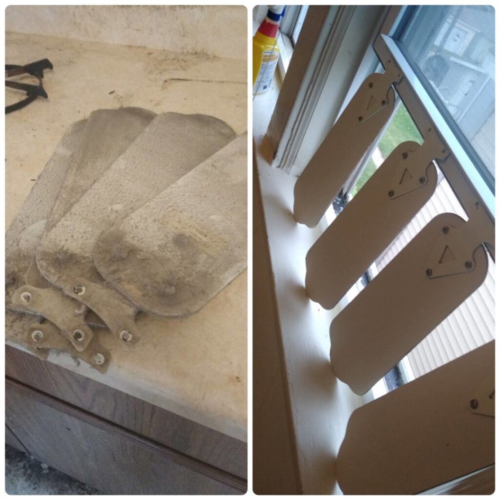 Before and after comparison of dusty ceiling fan blades cleaned by Northern States Cleaning in Duluth, MN.