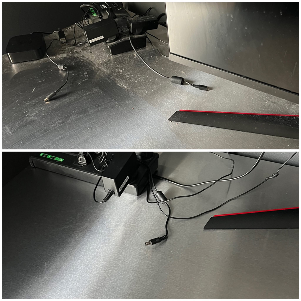 Before and after comparison of a dusty desk area cleaned by Our Clean Dream in Cedar Rapids, IA.