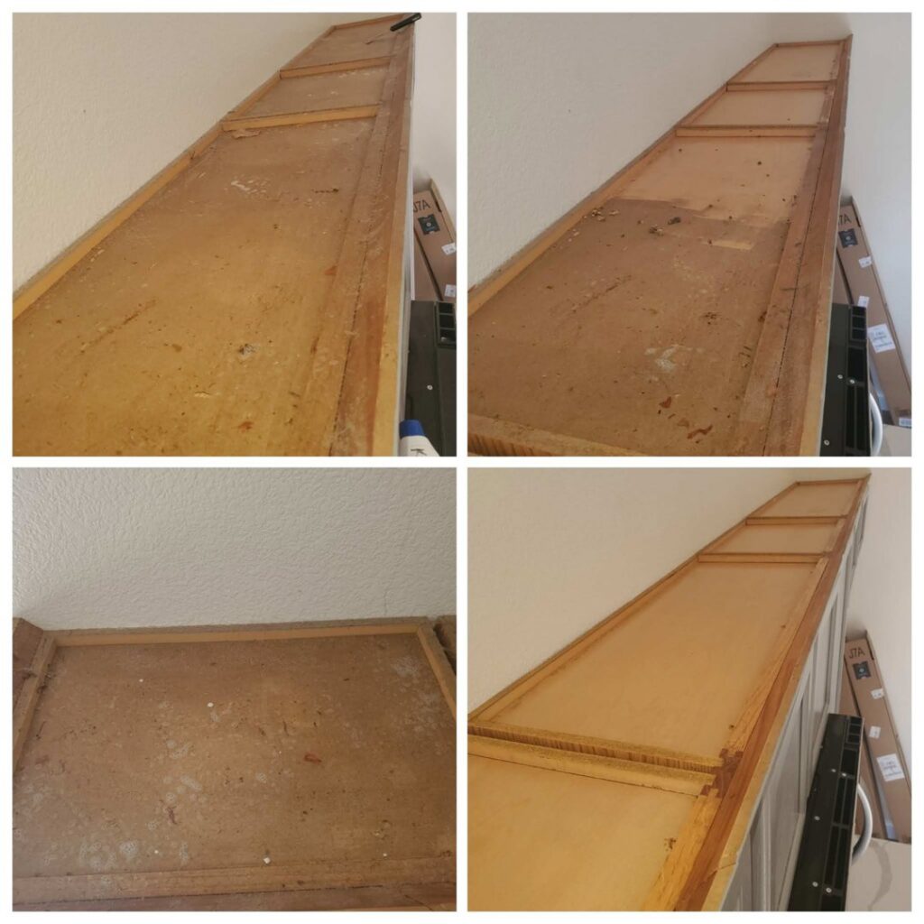 Before and after comparison showing a dusty shelf transformed by professional cleaning services from JLCleaning in Beaverton, OR.