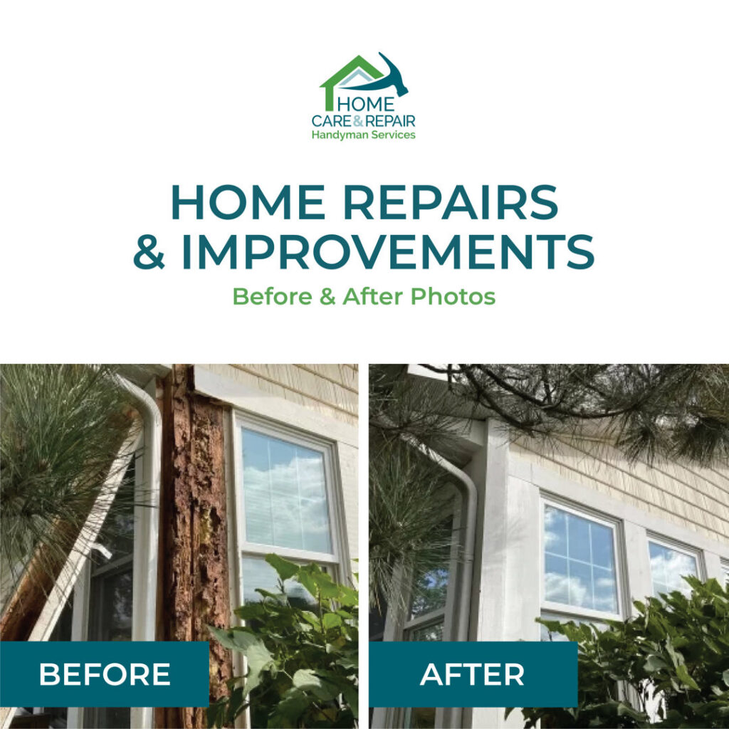 Before and after photos showing exterior siding and fascia board water damage repair by Home Care & Repair in Lafayette, IN.