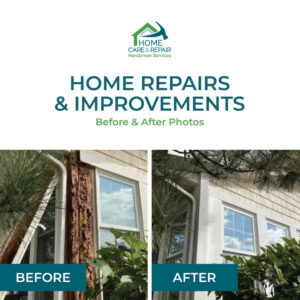 Before and after photos showing exterior siding and fascia board water damage repair by Home Care & Repair in Lafayette, IN.