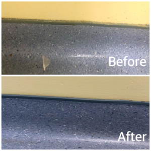 A before and after comparison of a clean floor and baseboard by Dirt Busters Cleaning Company in Peoria, AZ.