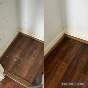 Before and after comparison of a floor corner cleaned by Monarch Maids- KC in Lenexa, KS, showcasing professional house cleaning results.