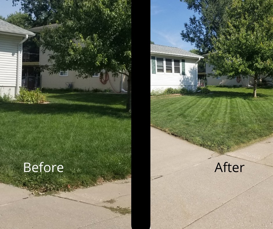 Before and after comparison of a front lawn, demonstrating expert mowing services by TB Groundskeeping in Omaha, NE.