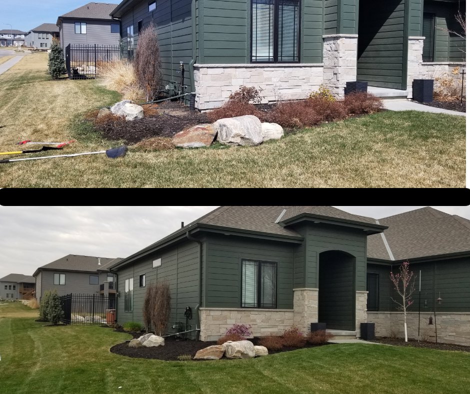 Before and after comparison of a front yard, showing enhanced landscaping and curb appeal by TB Groundskeeping in Omaha, NE.