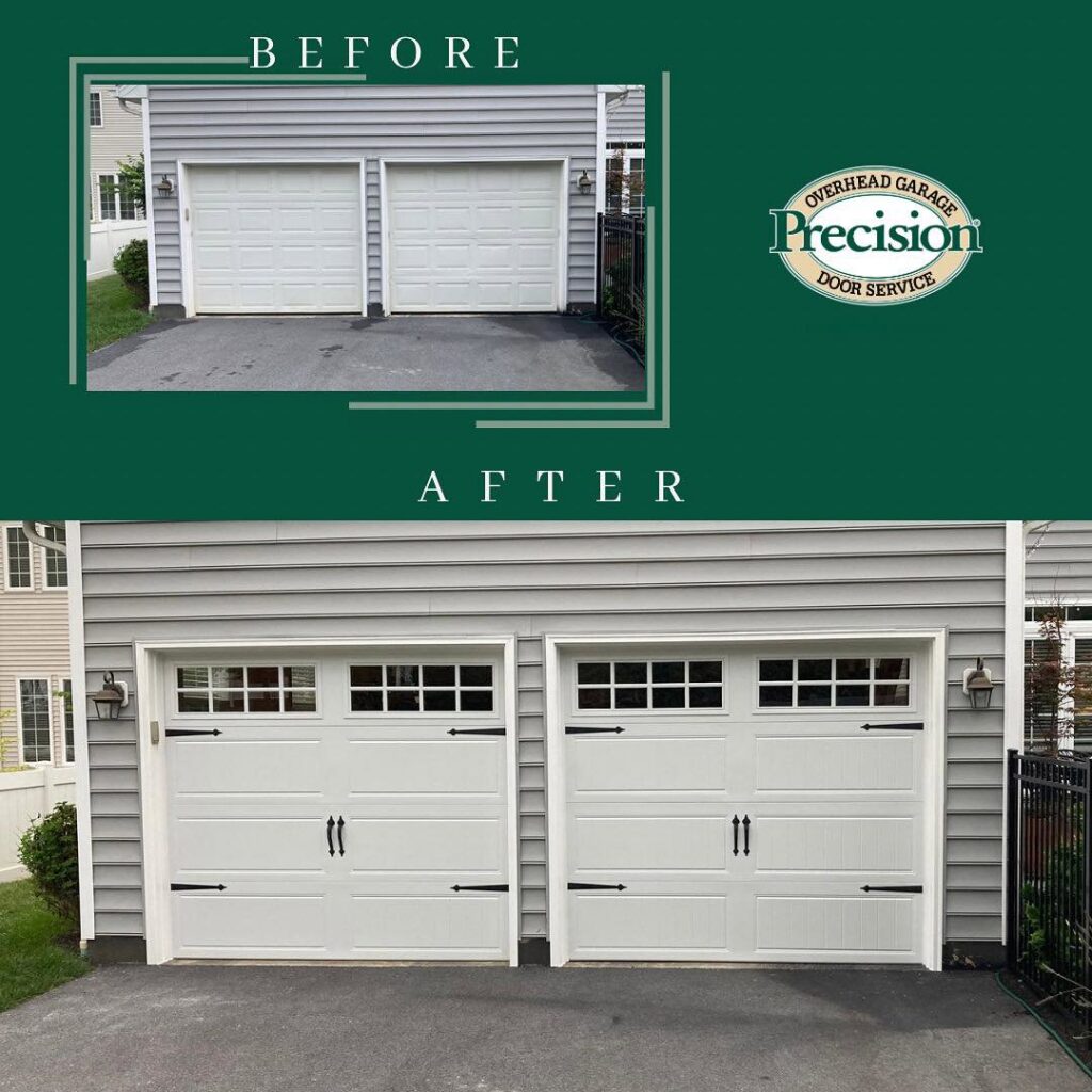 Before and after photos of a new garage door installation by Precision Garage Door Service of NC in Morrisville, NC.
