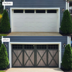 A before and after comparison of a garage door replacement project by Bailey Garage Doors MT in Belgrade, MT.