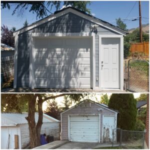 Before and after comparison of a garage door replacement, showing a new white door installed by Right Choice Doors in Layton, UT.