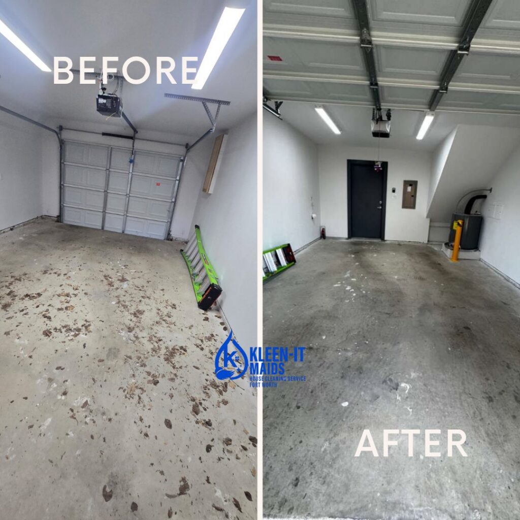 Before and after comparison of a garage floor, showing a thorough cleaning by Kleen-It Maids in Fort Worth, TX.