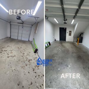 Before and after comparison of a garage floor, showing a thorough cleaning by Kleen-It Maids in Fort Worth, TX.