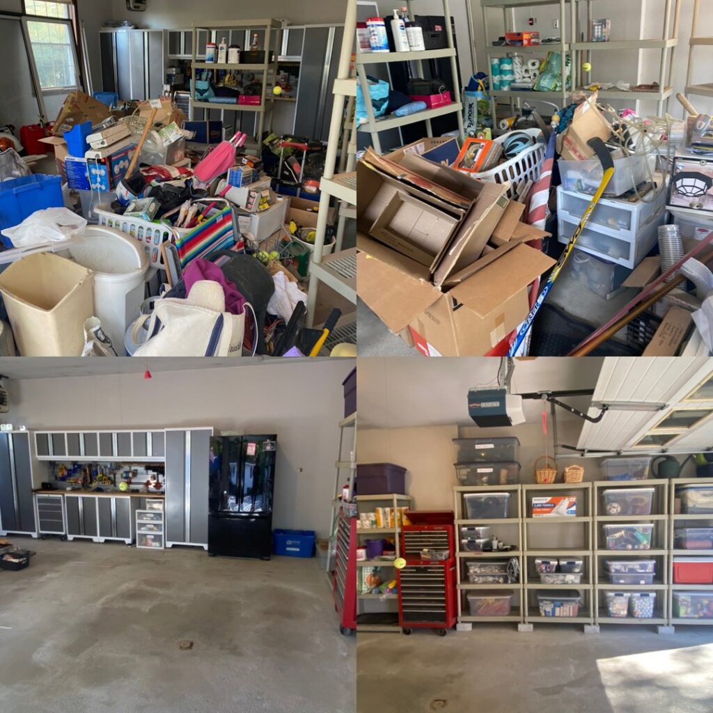 A before and after collage showing a cluttered garage transformed into an organized space by Bloom in Clean in Bangor, ME.