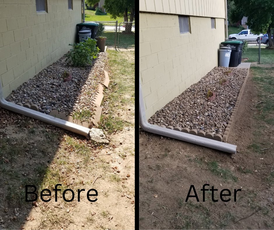 Before and after comparison of a garden bed, showing professional cleanup and tidying by TB Groundskeeping in Omaha, NE.