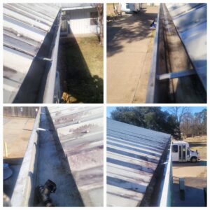 Before and after comparison of residential gutters cleaned by Top2Bottom Pressure Washing & Exterior Cleaning in Alexandria, LA.