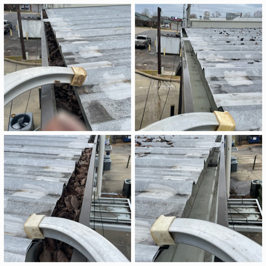 Before and after comparison of clean gutters by Top2Bottom Pressure Washing & Exterior Cleaning in Alexandria, LA.