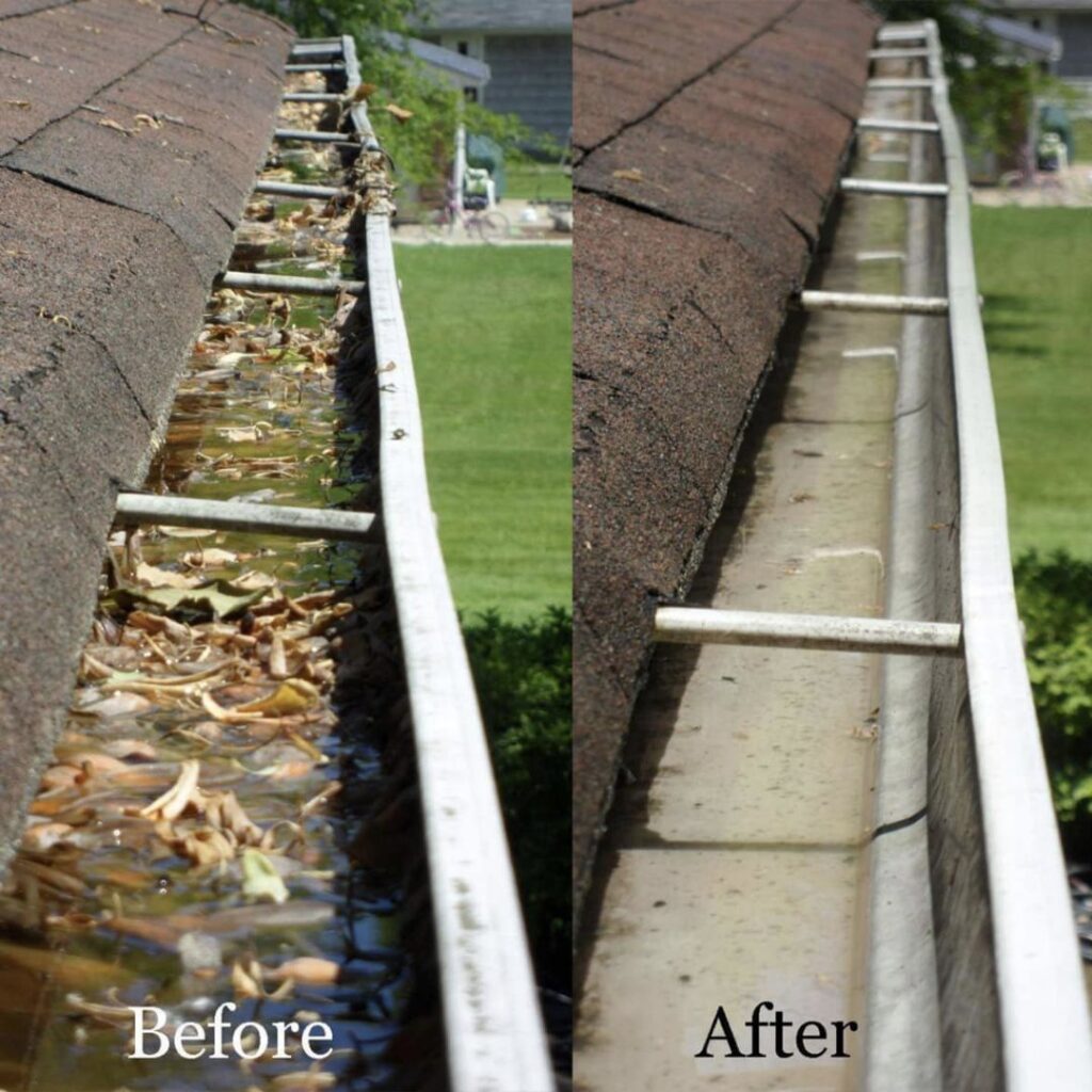 Before and after comparison of a gutter cleaning service, showing effective water damage prevention by Emanuel Roofing LLC in Huron, SD.