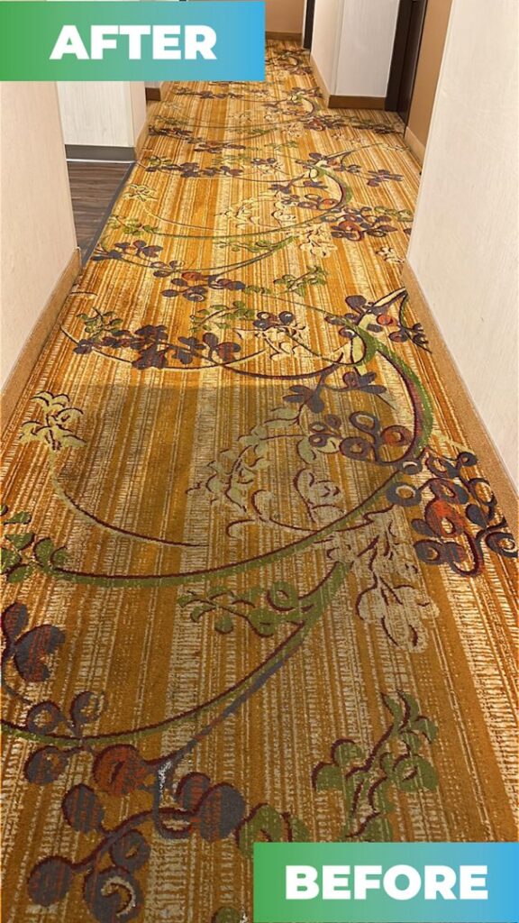 Before and after showing a heavily soiled hallway carpet restored by Renue Systems Of Oahu in Honolulu, HI