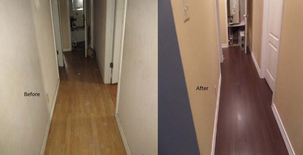 Before and after photos of a hallway floor restoration completed by ServiceMaster of Laredo by Proremediation in Laredo, TX.