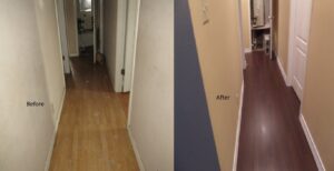 Before and after photos of a hallway floor restoration completed by ServiceMaster of Laredo by Proremediation in Laredo, TX.