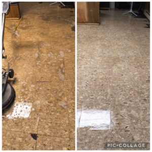 Before and after a hard floor being deep cleaned with a buffer, showcasing services by Deep Cleaning Service in Frederick, MD.
