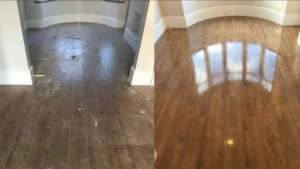 Before and after comparison of a dirty and sparkling clean hardwood floor by First Class Commercial and Residential Cleaning Services in Charlotte, NC.