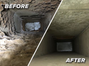 A before and after comparison showcasing a heavily soiled air duct on the left and a thoroughly cleaned duct on the right by Home Relief Services in Bellevue, WA.