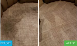 Before and after showing a heavily soiled carpet restored from dark stains by Renue Systems Of Oahu in Honolulu, HI