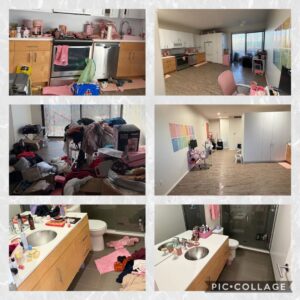 A before and after collage showing a messy kitchen, bedroom, and bathroom transformed by Hey Sis Cleaning LLC in Edmond, OK.