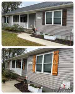Before and after photos of a house exterior showing clean-up and bed maintenance by A & J Lawn Care LLC in Corsicana, TX.