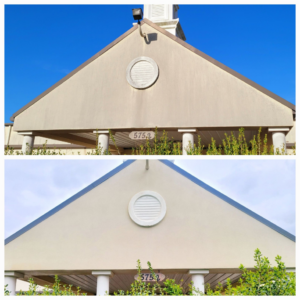 Before and after comparison of a house facade cleaned by Top2Bottom Pressure Washing & Exterior Cleaning in Alexandria, LA.