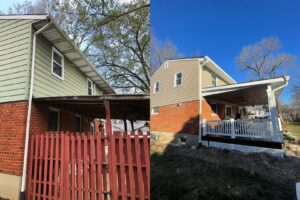 Before and after view of a house showing new tan siding installed by High Quality Exteriors in Rockville, MD.